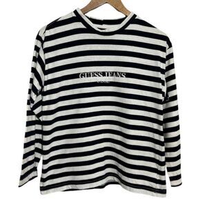 Vtg 90s Guess Shirt Womens M Navy Blue Stripe Long Sleeve Mock Neck USA